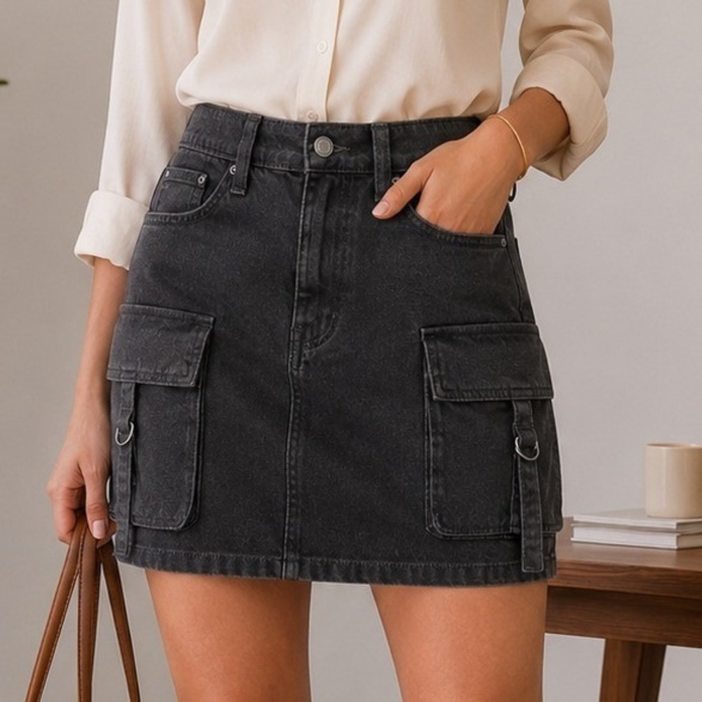 SO Womens Black Denim Cargo Mini Skirt D-Ring Utility Pockets Size 9 Festival